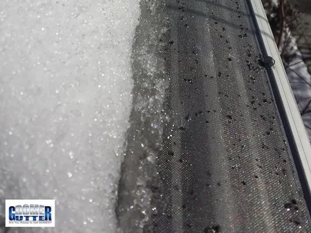Asphalt shingle roof with GutterDome gutter guard and heat cable — melted snow - close.