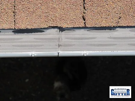 Asphalt shingle roof with GutterDome gutter guard — seam close.
