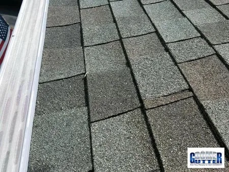 Asphalt shingle roof with GutterDome gutter guard — straight - us flag.