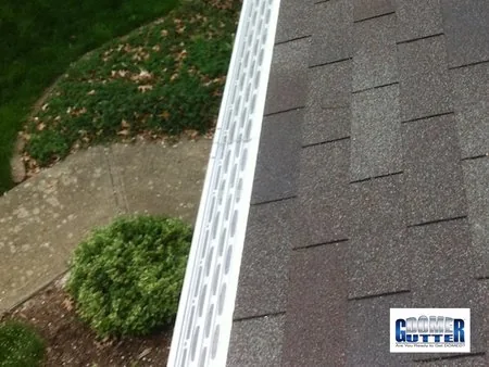 Asphalt shingle roof with GutterDome gutter guard — walkway.