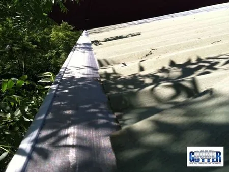 Corrugated metal roof with GutterDome gutter guard — trees.