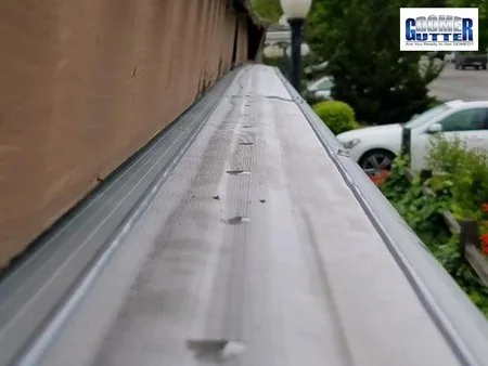 Flat roof with GutterDome gutter guard — lamp post.