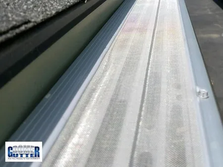 Asphalt shingle roof with GutterDome Adjustable gutter guard — straight run - close.