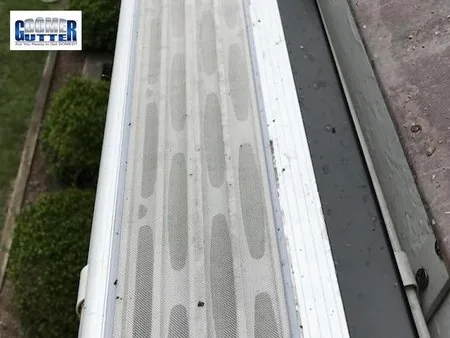 Standing seam metal roof with GutterDome Adjustable gutter guard — half round - bushes - close top view.