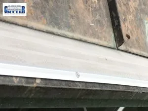 Standing seam metal roof with a GutterDome Adjustable gutter guard on a straight run, close view