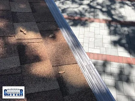 Asphalt shingle roof with GutterDome Adjustable gutter guard — backyard run against brick.