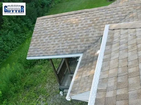 Asphalt shingle roof with GutterDome gutter guard — backyard run with heavy green foliage.