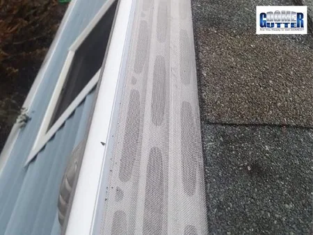 Asphalt shingle roof with GutterDome gutter guard — straight run against blue siding.