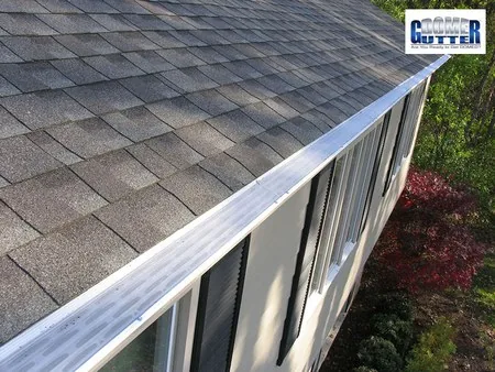 Asphalt shingle roof with GutterDome gutter guard — straight run along beige siding and bushes.