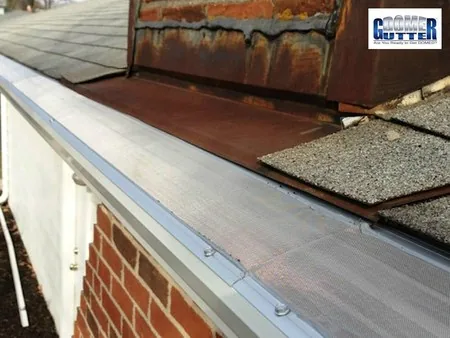 Asphalt shingle roof with GutterDome gutter guard — straight run at the seam by the chimney.
