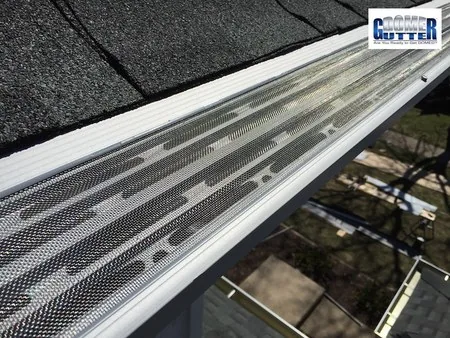 Asphalt shingle roof with GutterDome Magma gutter guard — second-story run seen from below.