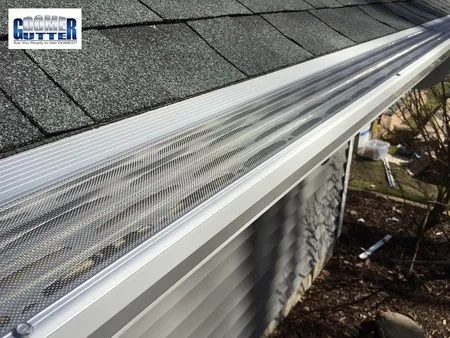 Asphalt shingle roof with GutterDome Magma gutter guard — run along grey siding.