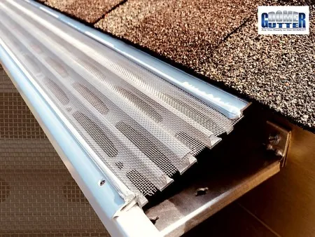 Asphalt shingle roof with GutterDome Magma gutter guard — open gutter alongside the guard.